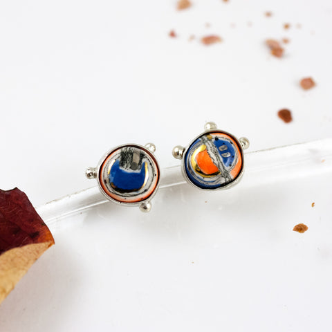 Orange and blue silver earrings with gold luster