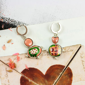 Green and pink color dangle earrings with spots
