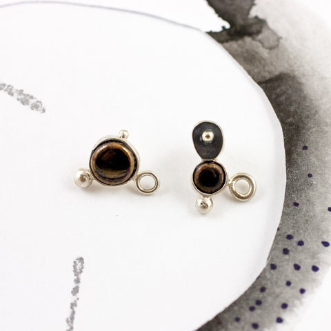 Dark brown mismatched earrings with blackened silver