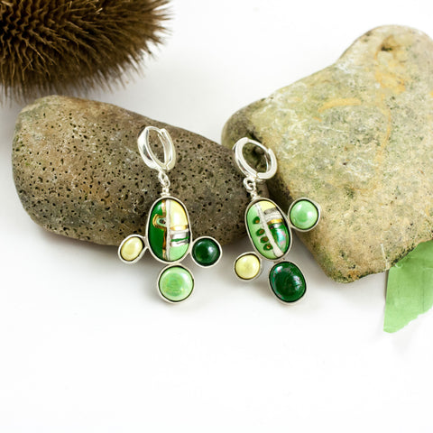 Long green and butter yellow color dangle earrings