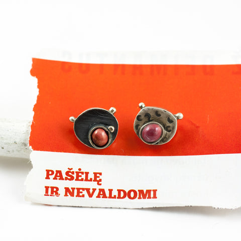 Red mismatched oxidized silver earrings