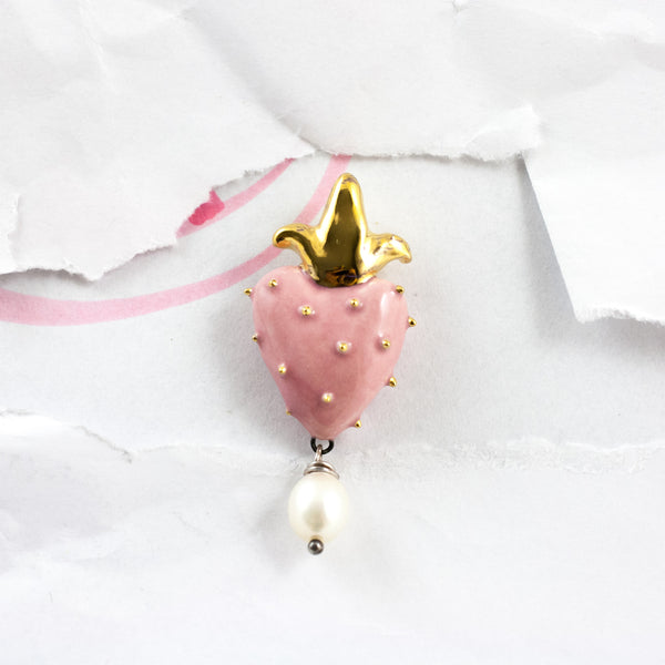 Pink heart form brooch with a freshwater pearl