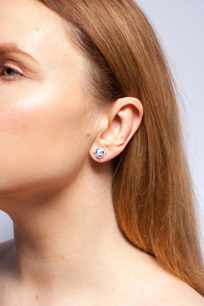 Blue and white silver stud earrings with lines