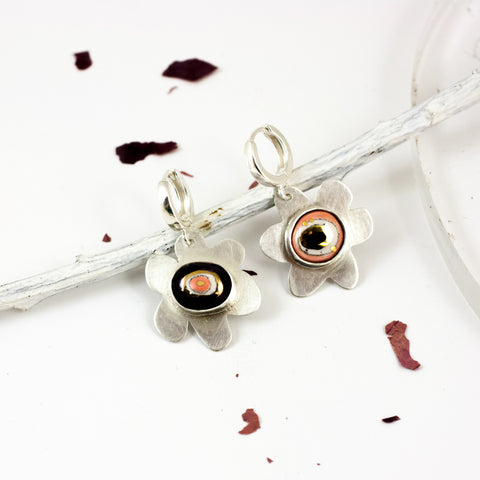 Silver dangle flower earrings with gold decorated ceramics
