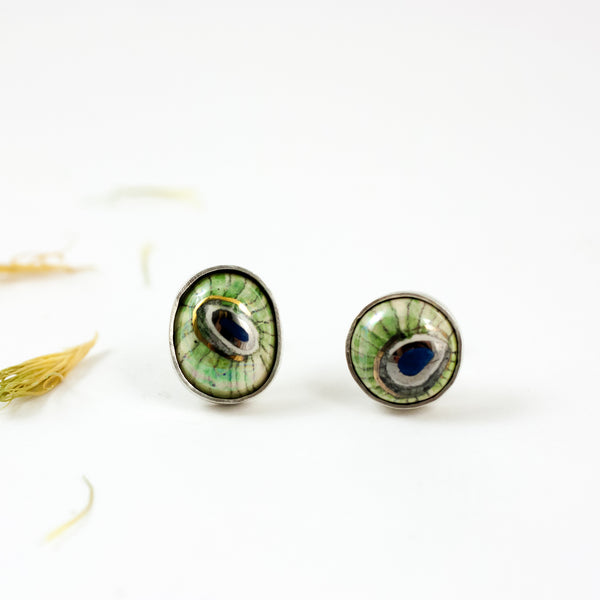 Green and blue stud silver earrings