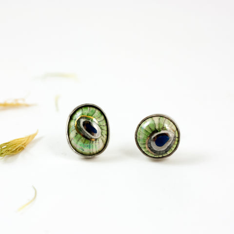Green and blue stud silver earrings