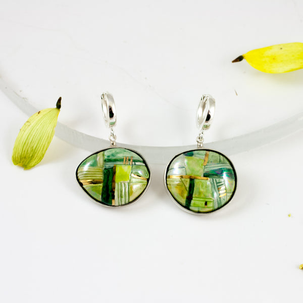 Green color dangle earrings with gold lines BON BON