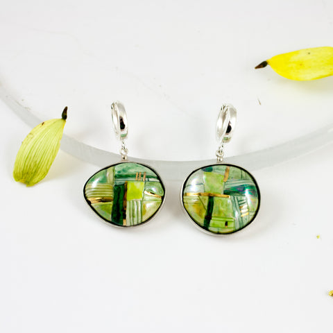 Green color dangle earrings with gold lines BON BON