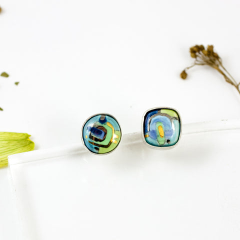 Blue and green mismatched silver stud earrings