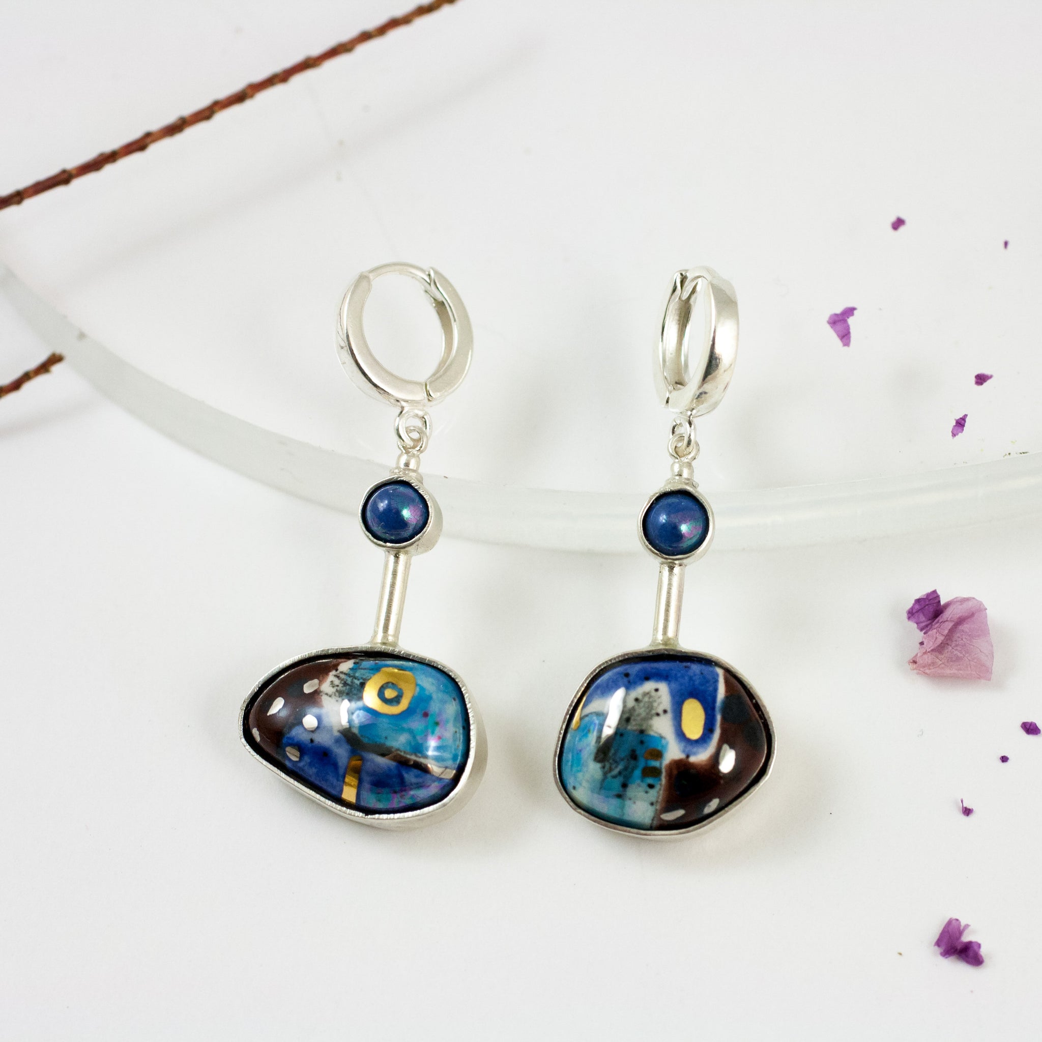 Blue and aubergine dangle earrings BON BON
