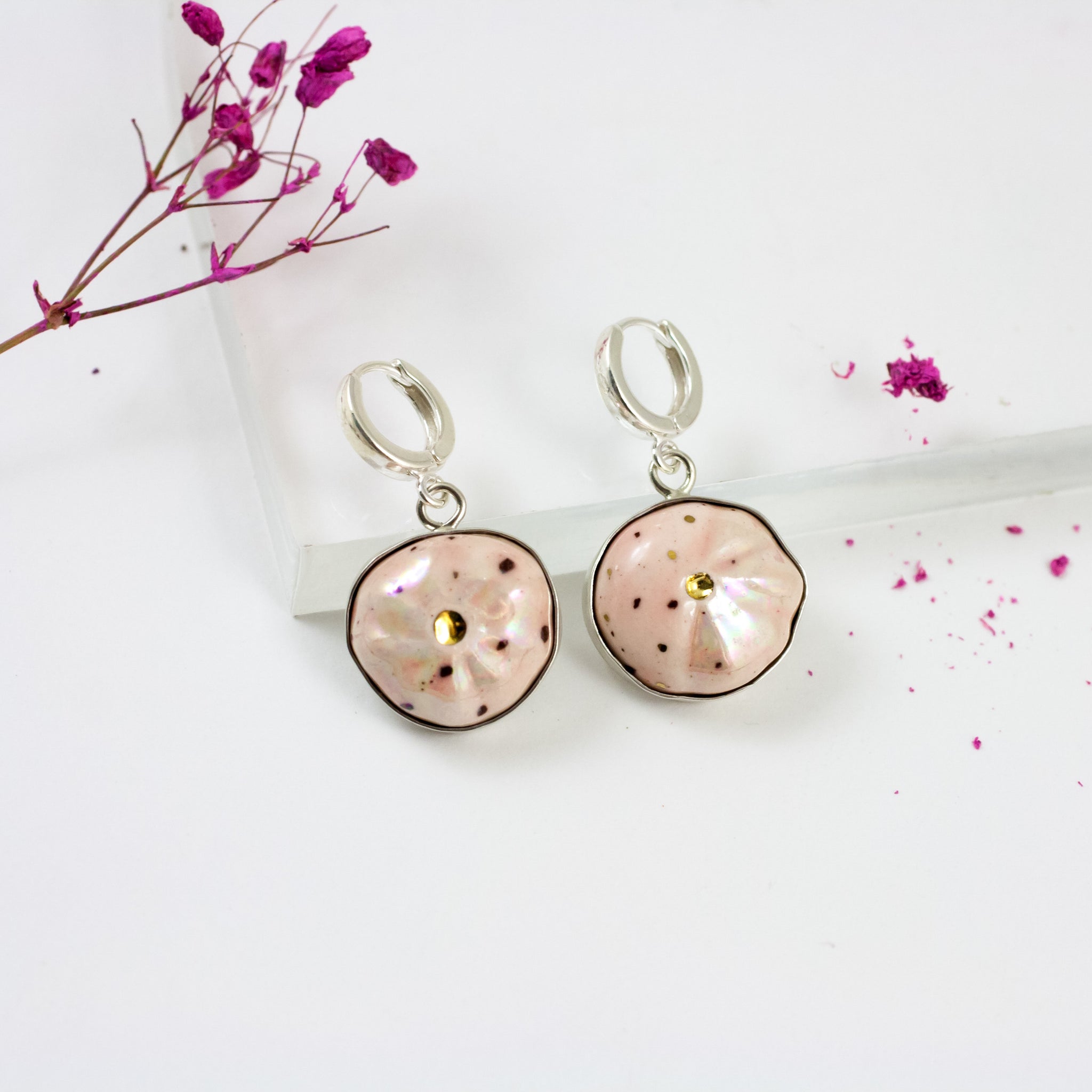 Pink dangle silver earrings with gold-plated ceramics