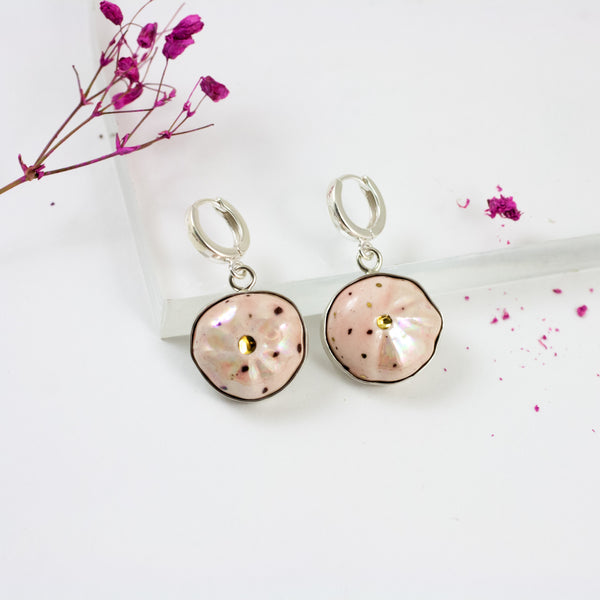 Pink dangle silver earrings with gold-plated ceramics