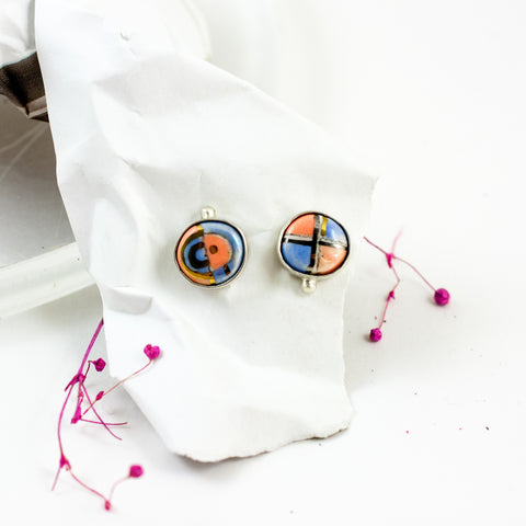 Blue and pink round silver stud earrings