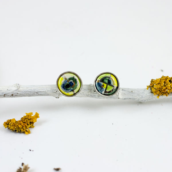 Blue, green and yellow silver oval earrings
