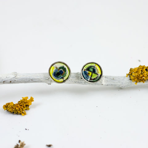 Blue, green and yellow silver oval earrings