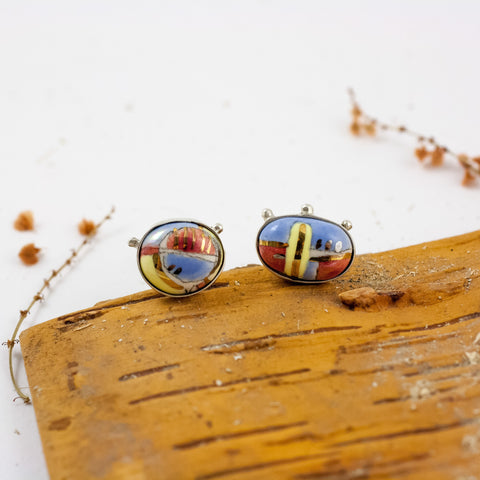 Blue and red color oval silver stud earrings