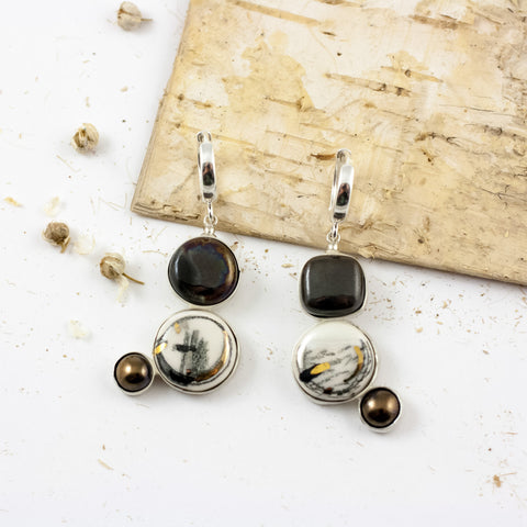 ABSTRACT Black silver dangle earrings with ceramics