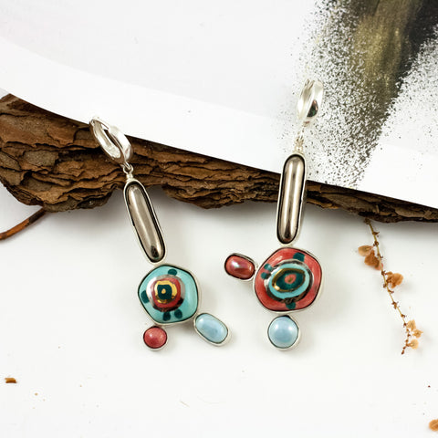 Blue and red earrings BON BON decorated with platinum luster