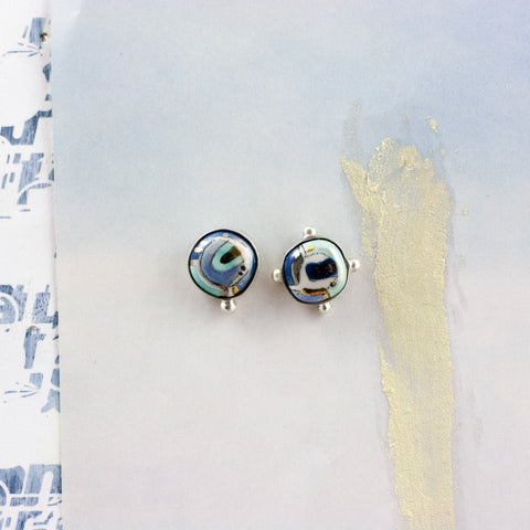 Blue and white silver stud earrings with lines