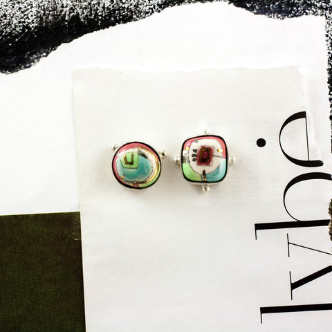 Turqoise and bright pink color silver stud earrings