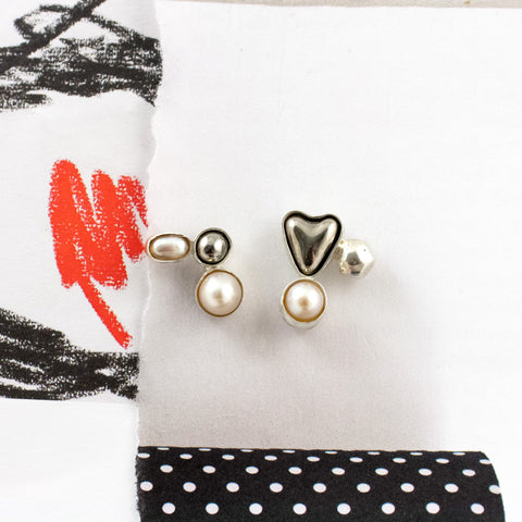 Platinum color heart shaped earrings with pearls