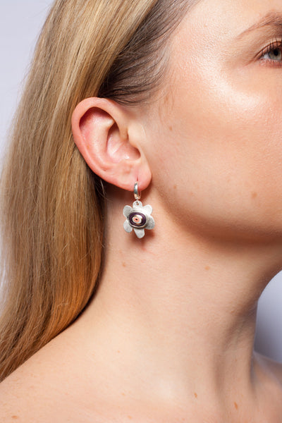 Silver dangle flower earrings with gold decorated ceramics