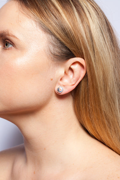 Blue and pink round silver stud earrings