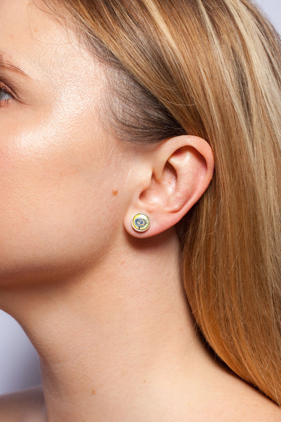 Blue, green and yellow silver oval earrings