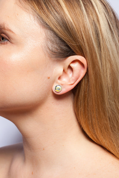 Blue, green and yellow silver oval earrings