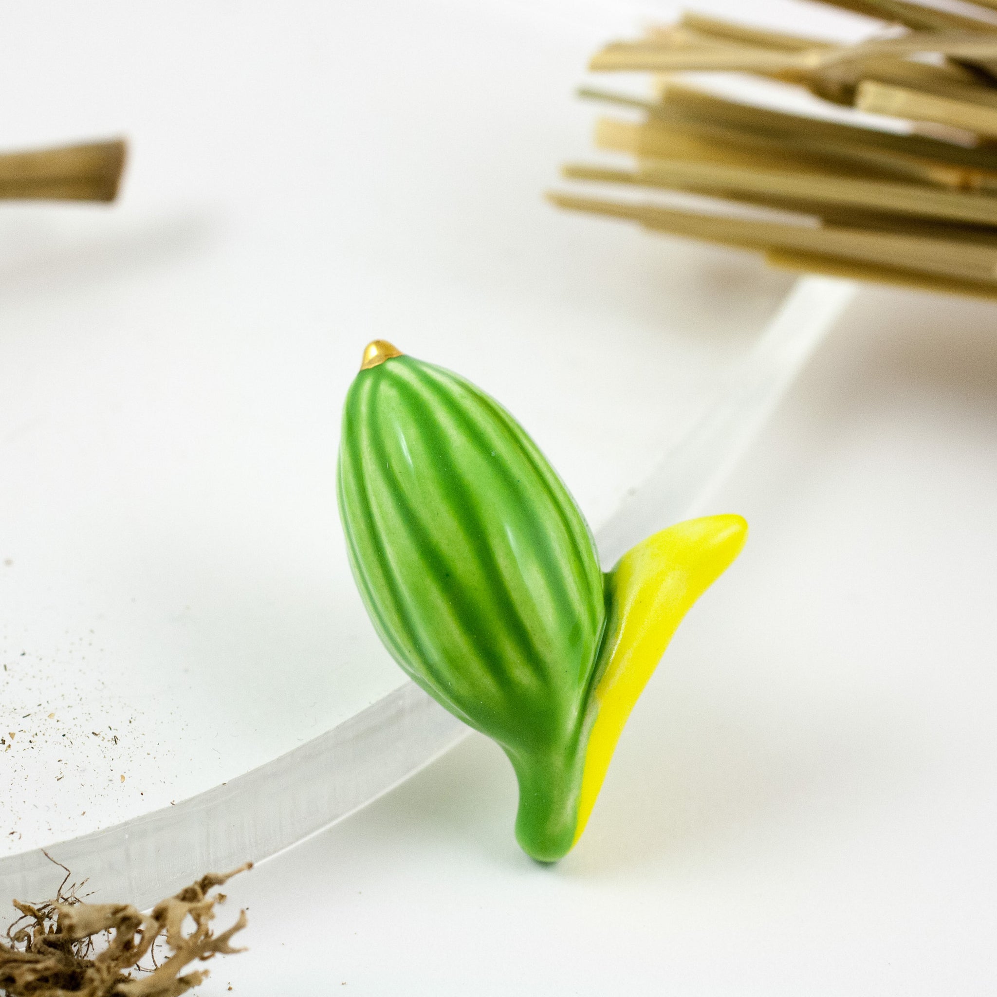 Green and yellow color flower bud ceramic brooch