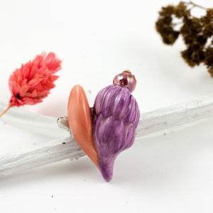 Pink and purple flower bud brooch with gold luster