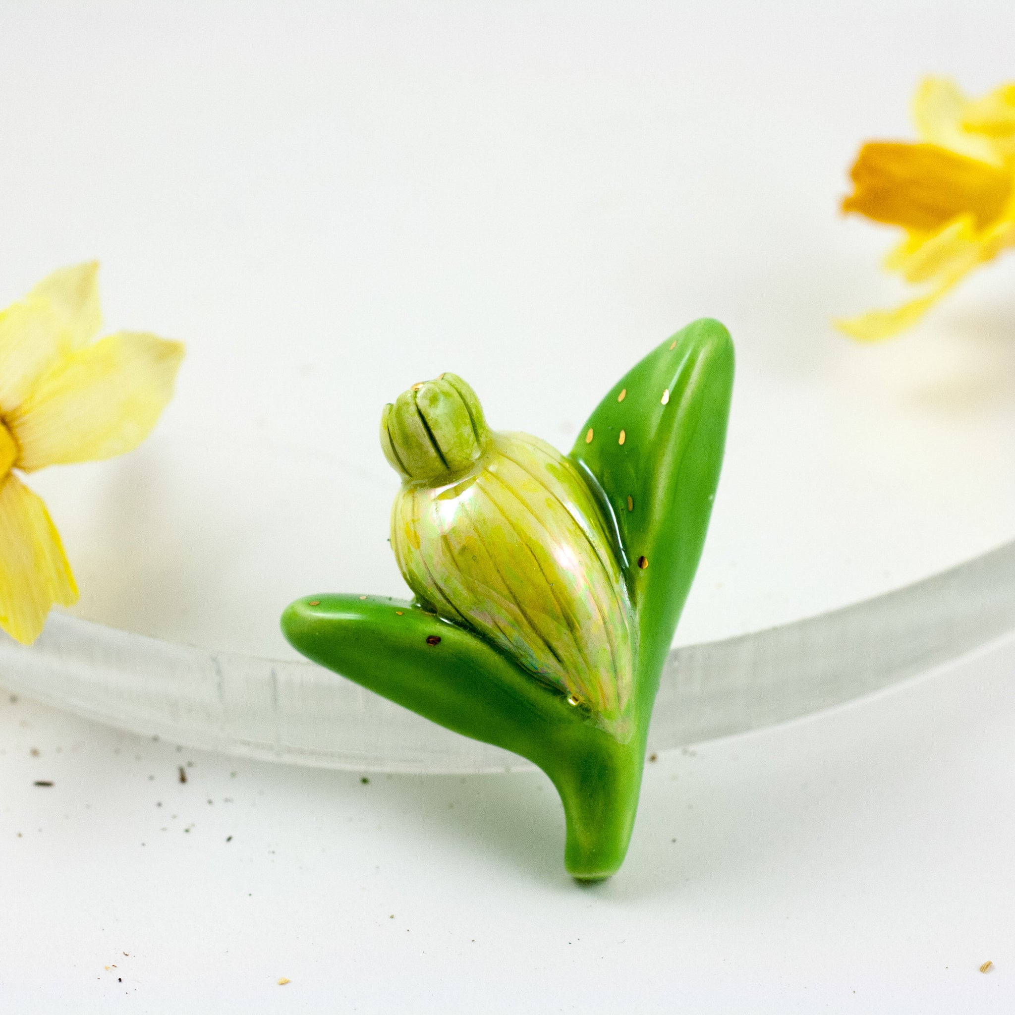 Yellow and green flower bud brooch