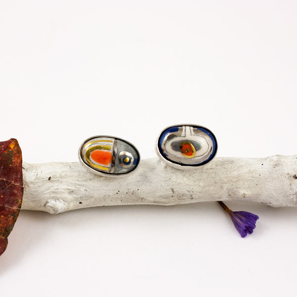 Blue and orange color BON BON earrings with drawings