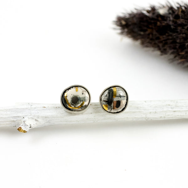 Mismatched tiny earrings ABSTRACT with black lines and dots