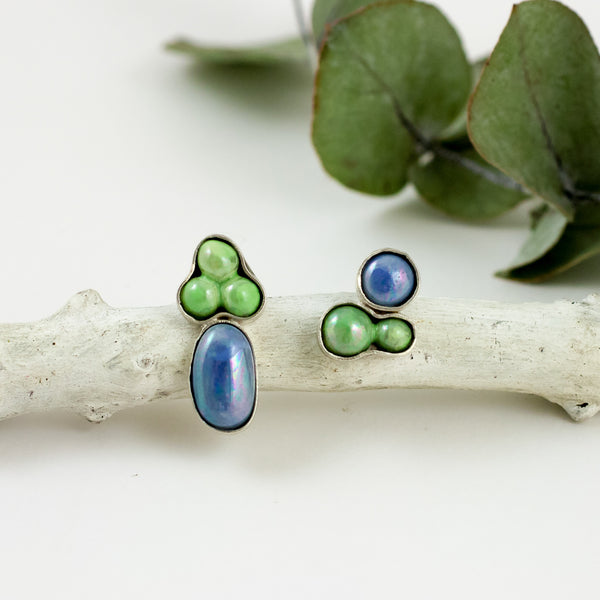 Blue and green bubble earrings with pearl luster