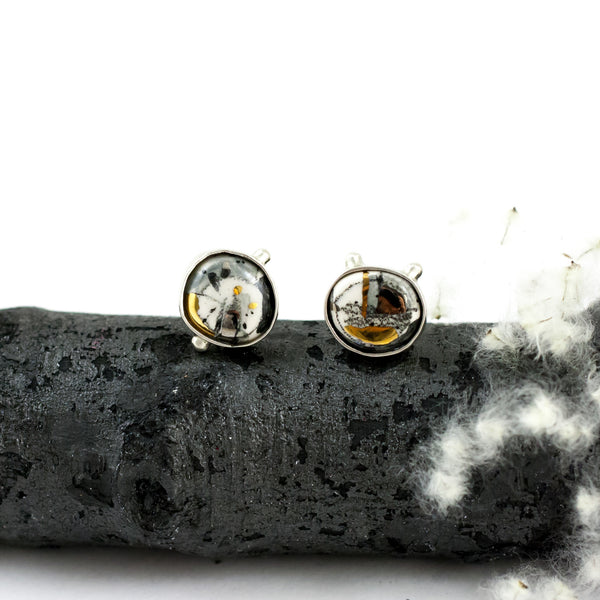 White and black ABSTRACT earrings with decorated ceramics