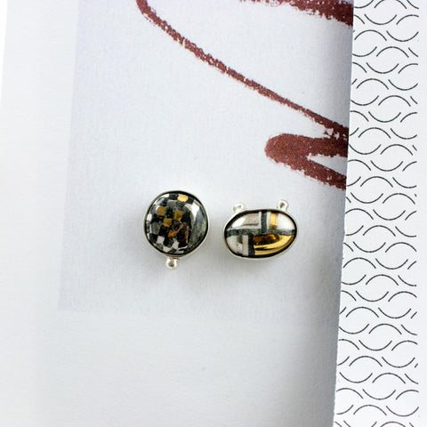 Dark checkered earrings with platinum and gold luster