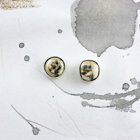 White ceramic silver earrings ABSTRACT with gold lines