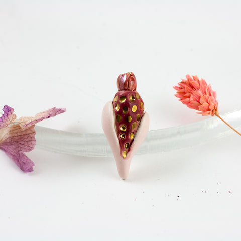 Dark red and pink color flower form ceramic brooch with dots