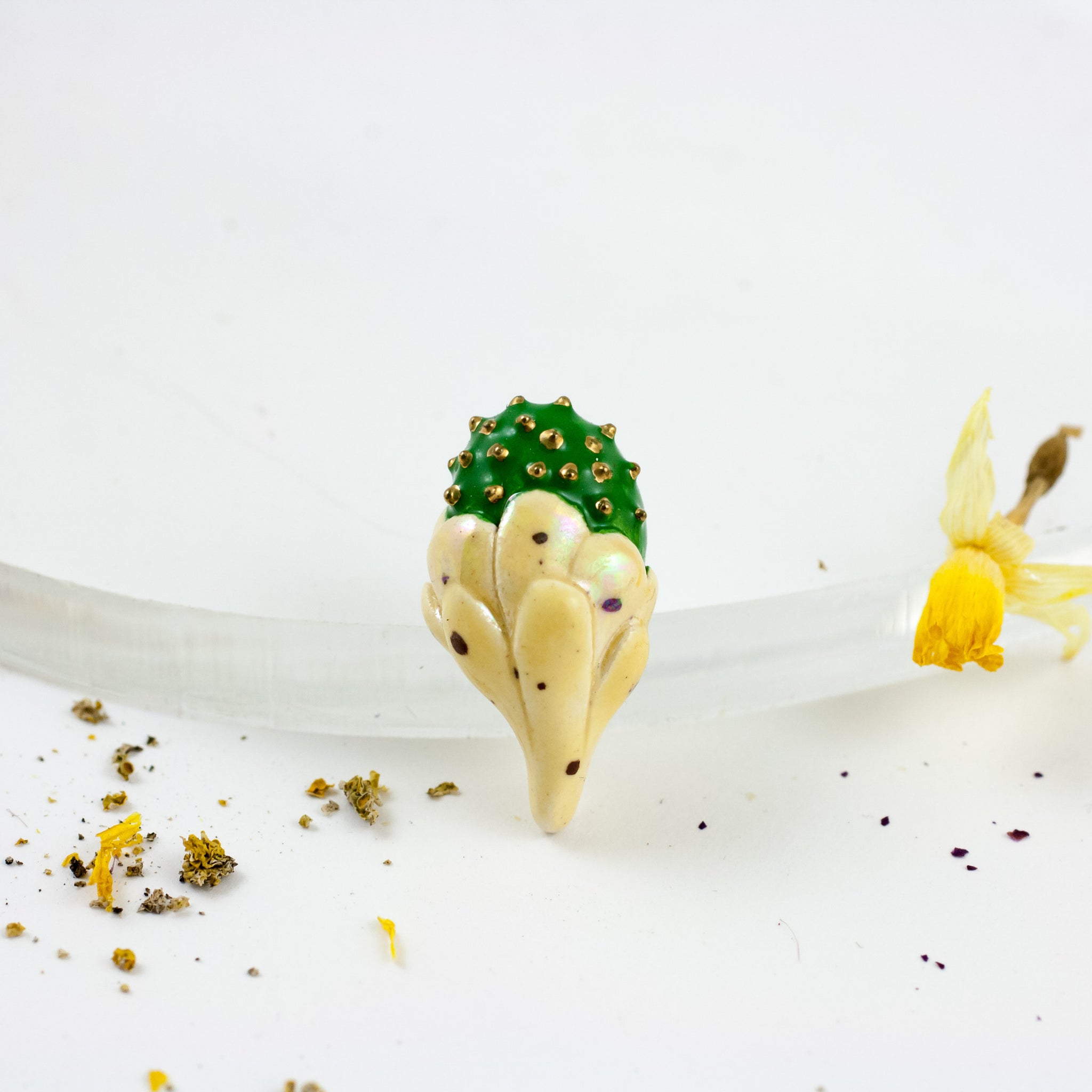 Yellow and green flower ceramic brooch with gold dots