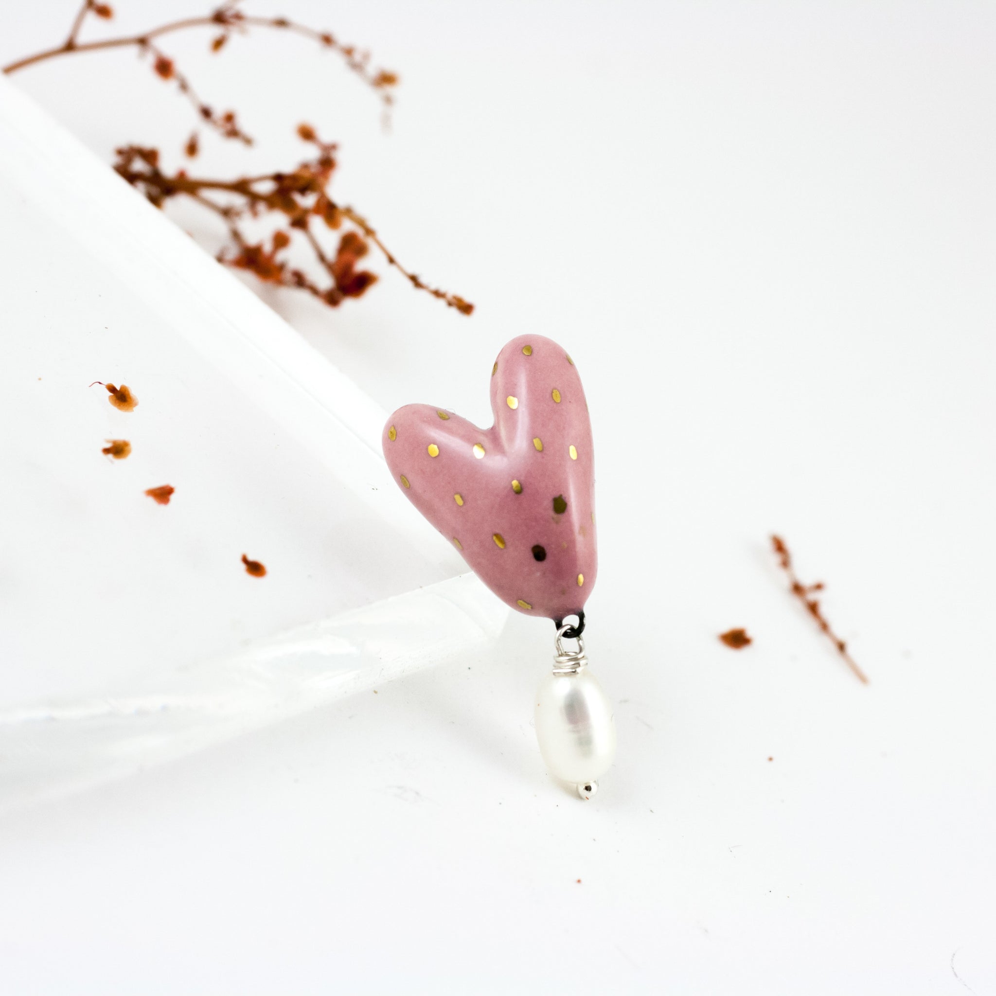 Pink heart form brooch with a freshwater pearl