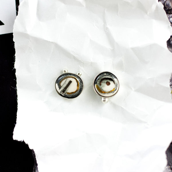 White and black ABSTRACT earrings with gold lines