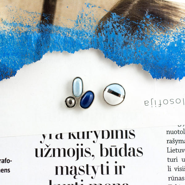 3X3 collection micmatched blue silver earrings