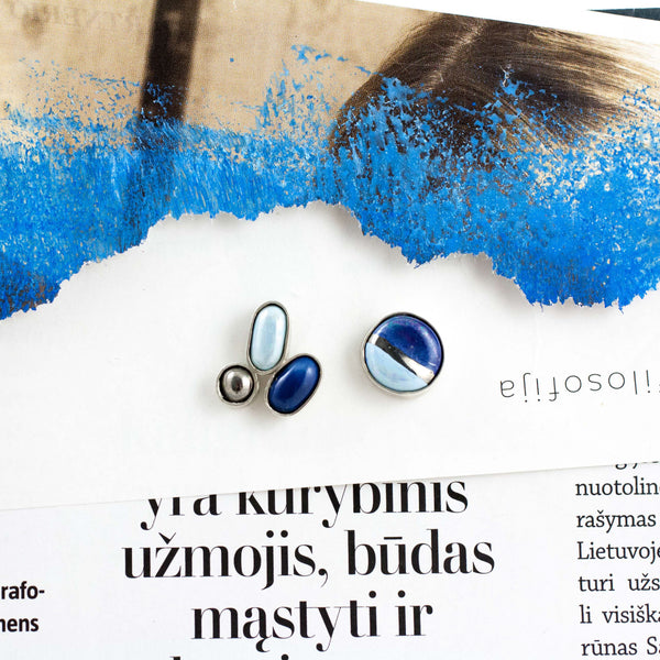 3X3 collection micmatched blue silver earrings
