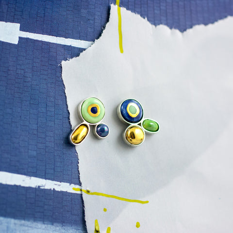 Green and blue color earrings with gold plated ceramics