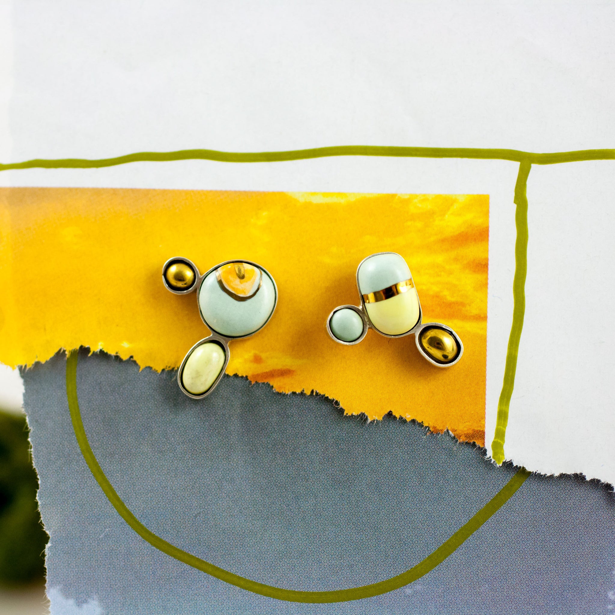 Yellow and mint color silver earrings
