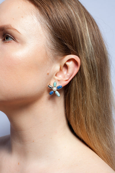 BON BON organic mismatched blue flower earrings