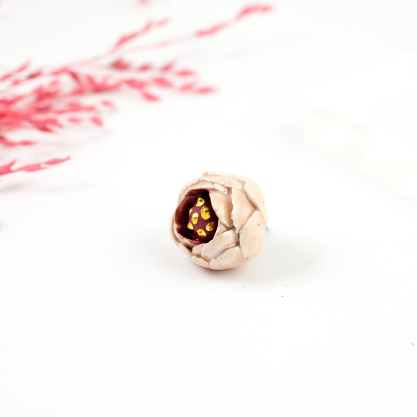 Pink peony ceramic brooch with pearl luster
