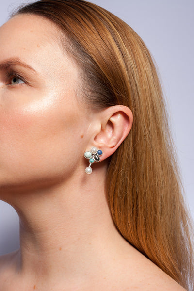 Blue color earrings with pearls and platinum luster