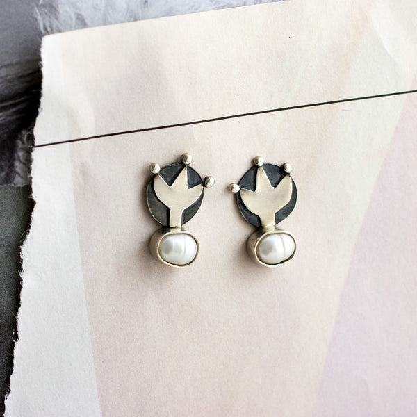 Oxidised silver stud earrings with freshwater pearls